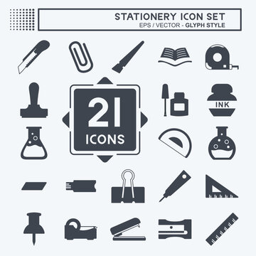 Stationery Icon Set in trendy glyph style isolated on soft blue background