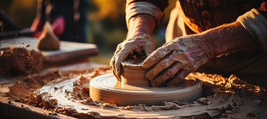 the intricate movements and gestures of a potter s hands as they mold and shape clay into a beautiful ceramic piece - obrazy, fototapety, plakaty