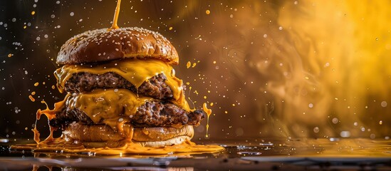 Two smashed double cheese burgers. Against a striking metallic grunge backdrop. - obrazy, fototapety, plakaty