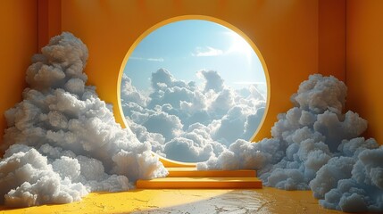 3d render of abstract sunny yellow background with white clouds and blue round hole. Simple geometric showcase scene with empty podium for product presentation.