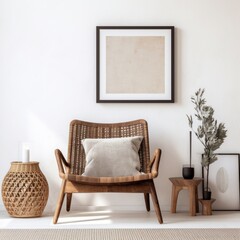 interior design Rattan chairs near a wooden coffee table against a white wall with a blank poster frame.