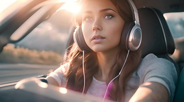 a girl driving and wearing headphones