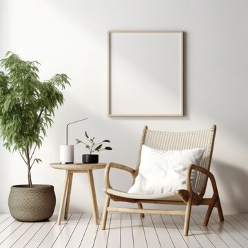 interior design Rattan chairs near a wooden coffee table against a white wall with a blank poster frame.
