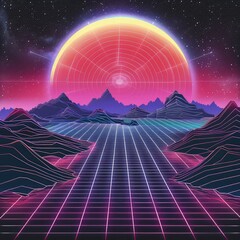 80s Retro Sci-Fi Background. futuristic synth retro wave illustration in 1980s posters style.