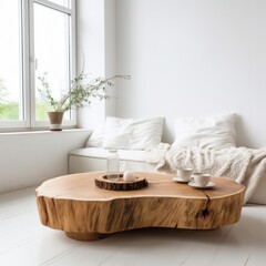Rustic edge coffee table made from a tree stump with a daybed near the window.