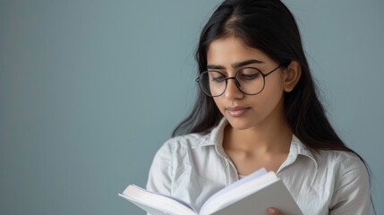 Serious focused indian young woman college university school student wear glasses hold read book