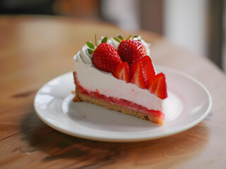 Strawberry cream cake in triangle shape on the white dish on cozy wooden table - 765590962