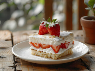 Strawberry sponge cream cake in square shape on the white dish on cozy wooden table - 765590980