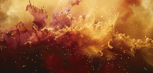 Maroon canvas, mist, goldenrod splash, vast space. - obrazy, fototapety, plakaty