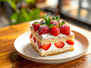 Strawberry sponge cream cake in square shape on the white dish on cozy wooden table - 765591118