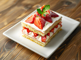 Strawberry sponge cream cake in square shape on the white dish on cozy wooden table - 765591139