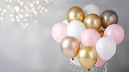 Pink, white, silver and gold balloons glitter on a gray background.