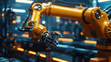 Futuristic Robotic Arm in Factory, robotic arm engaged in precision tasks within a high-tech factory setting, symbolizing innovation and the future of automation in industry