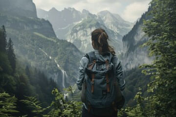 A young woman conquers a scenic mountain trail, her backpack filled with essentials as she treks through lush forests, soaking in the breathtaking views of towering peaks. - obrazy, fototapety, plakaty