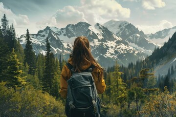 A young woman conquers a scenic mountain trail, her backpack filled with essentials as she treks through lush forests, soaking in the breathtaking views of towering peaks. - obrazy, fototapety, plakaty