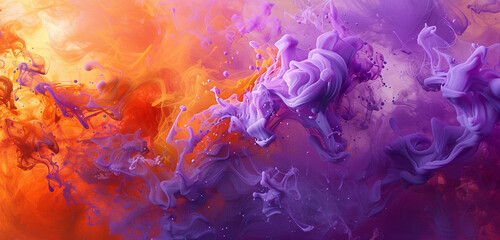 Vibrant abstract canvas, orange splash, lavender vapor veil.