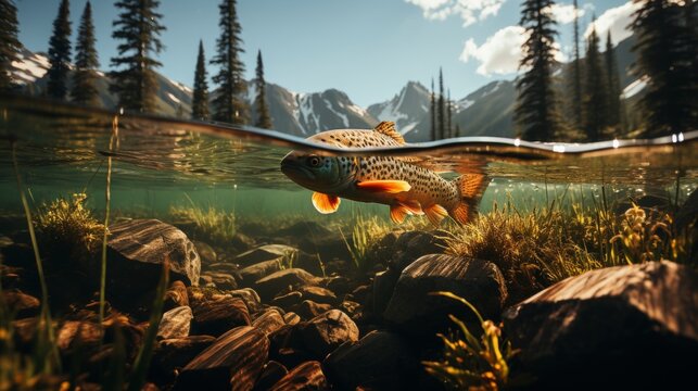 a rainbow trout leaping out of the water to catch its prey, creating a spectacular splash.The image captures the fish in mid air, surrounded by a panoramic view of the natural setting