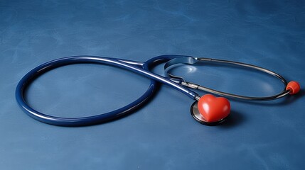 Stethoscope and red heart on blue background. Healthcare and medical concept.
