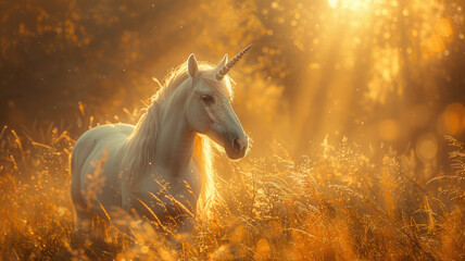 Obraz na płótnie Canvas Majestic Unicorn in Golden Sunlit Field - A single mystical unicorn stands in a field bathed in the golden light of a setting sun, creating a serene scene