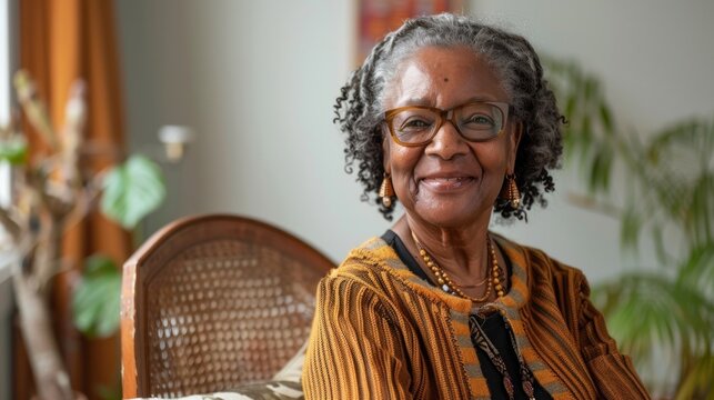 A confident and smiling senior black woman stands in the room.