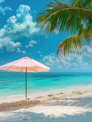 Pink beach umbrella on white sand with palm and sea - A pink beach umbrella stands on pristine white sand under a palm, with clear blue sea waters extending beyond