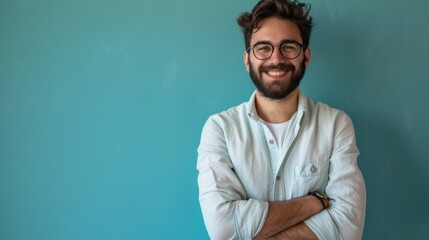 Smiling confident young bearded handsome man hipster wear shirt glasses - obrazy, fototapety, plakaty