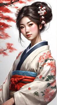Japanese Beauty: Girl in Kimono with Fan