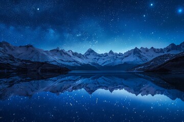 A stunning view of a mountain range with a serene lake in the foreground, under a star-studded sky