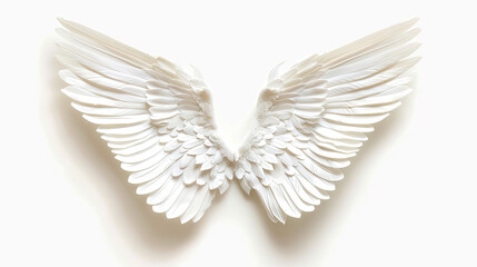 Snow-white angel wings showcased against a white isolated background