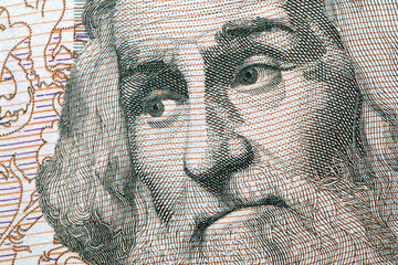Marco Polo a closeup portrait from old Italian money
