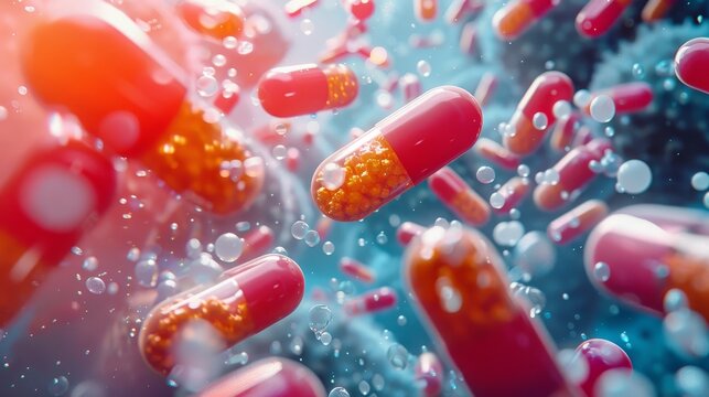 3d illustration of red and orange medical pills floating in blue water
