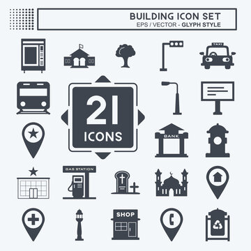 Building Icon Set in trendy glyph style isolated on soft blue background