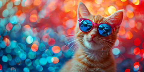 4th of July - Independence Day of USA. Cute cat with sunglasses and American flag on shiny festive background. generative ai