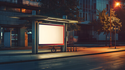 bustling city street with a billboard horizontal poster strategically positioned at a bus stop., evening, street lights