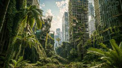 Desolate post-apocalyptic city, jungle reclaims dilapidated abandoned urban buildings overrun by lush greenery  - obrazy, fototapety, plakaty