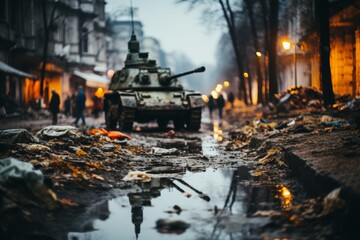 A tank advances through a cityscape ravaged by war, its metal exterior reflecting the devastation around it. - obrazy, fototapety, plakaty