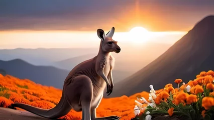 Fotobehang kangaroo at sunset © Attaul
