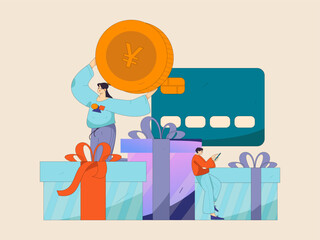 Holiday shopping people doing e-commerce online shopping flat vector concept operation hand drawn illustration
