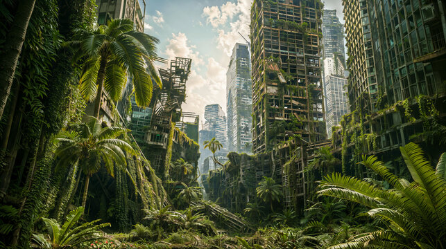 Desolate post-apocalyptic city, jungle reclaims dilapidated abandoned urban buildings overrun by lush greenery 