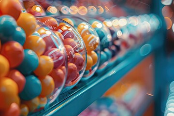 Close-up of bubble gum balls in a dispenser highlighting the shiny surface and multitude of colors - obrazy, fototapety, plakaty