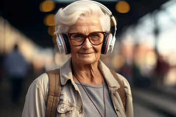 Elegant elderly lady listens to music with stylish headphones while walking in the city