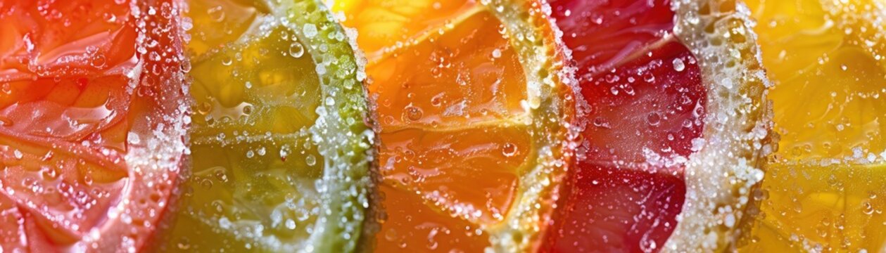 A macro photograph of a fruit slice candy capturing the sugary coating and citrus-inspired colors