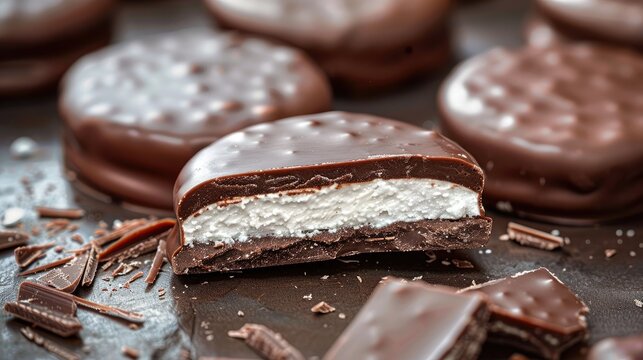 Detailed shot of a peppermint patty emphasizing the crisp chocolate coating and creamy interior