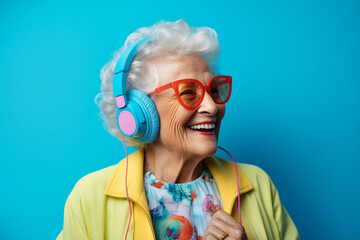 Fashionable elderly lady in bright outfit enjoys music with blue headphones