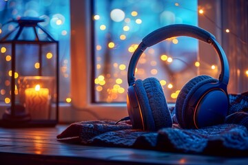 Cozy Evening With Music Headphones, Candle Lantern, and Warm Scarf by Window with Twinkling Lights