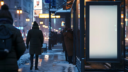 Fototapeta premium bustling city street with a billboard poster strategically positioned at a bus stop., evening, street lights, people walking through