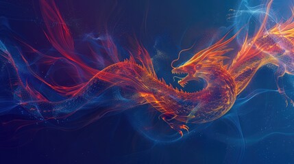 Abstract flying dragons on a dark blue background. Technological background for design on the topic of artificial intelligence, neural networks, big data. Copy space - obrazy, fototapety, plakaty