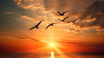 An enchanting sunset view with seagulls soaring gracefully above the tranquil sea