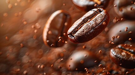 Solid brown background, some coffee beans floating around randomly, simple shape, minimalist style,...