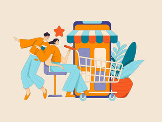 Holiday shopping people doing e-commerce online shopping flat vector concept operation hand drawn illustration
